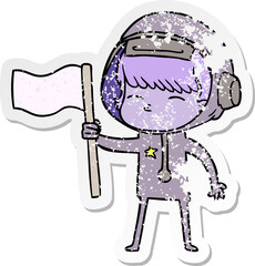 distressed sticker of a cartoon curious astronaut