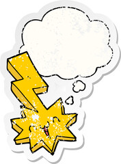 cartoon lightning bolt and thought bubble as a distressed worn sticker