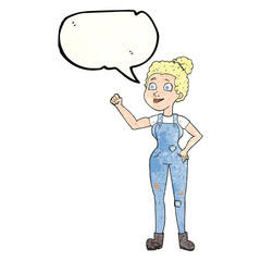 speech bubble textured cartoon woman in dungarees