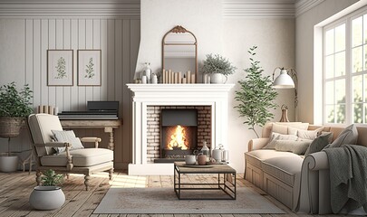 Illustration of a living room in a vintage style, created with Generative AI technology