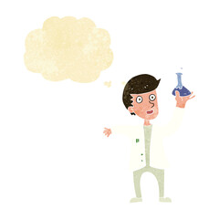 cartoon happy scientist with thought bubble