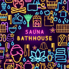 Sauna Bathhouse Neon Frame. Vector Illustration of Washing Procedure. Clean and Wash. Glowing Led Lamp Promotion.