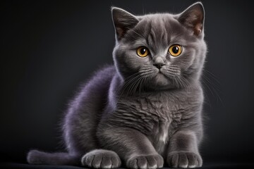 Fototapeta na wymiar Portrait of a hungry 6 month old lilac British shorthair kitten looking at the camera on a gray background with copy space. Generative AI
