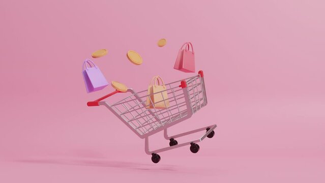Shopping cart with shopping bags animation and coin moving up and down on pink background, online commerce and e-commerce business symbol digital concept. Business marketing concept. 3d animation