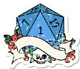 natural one d20 dice roll grunge sticker