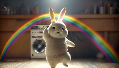 easter bunny with a rainbow, dancing, cute easter bunny, fluffy, white bunny dancing, 