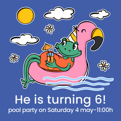 BIRTHDAY POST Cheerful Frog With Cocktail Lies On Flamingo And Invites For Birthday Party Vector Cartoon Hand Drawn Contour Sketch With Text Inviting Card