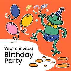 BIRTHDAY Cheerful Frog With Balloons Blows Into A Straw And Invites Friends To A Birthday Party Cartoon Hand Drawn Contour Sketch And Your Text Square Card
