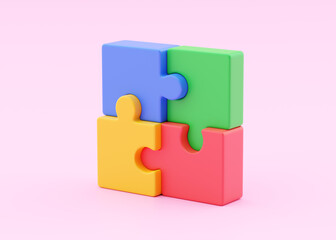 Puzzle 3d render icon - team connect concept, partnership illustration and flying jigsaw pieces