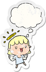 cartoon angel and thought bubble as a distressed worn sticker
