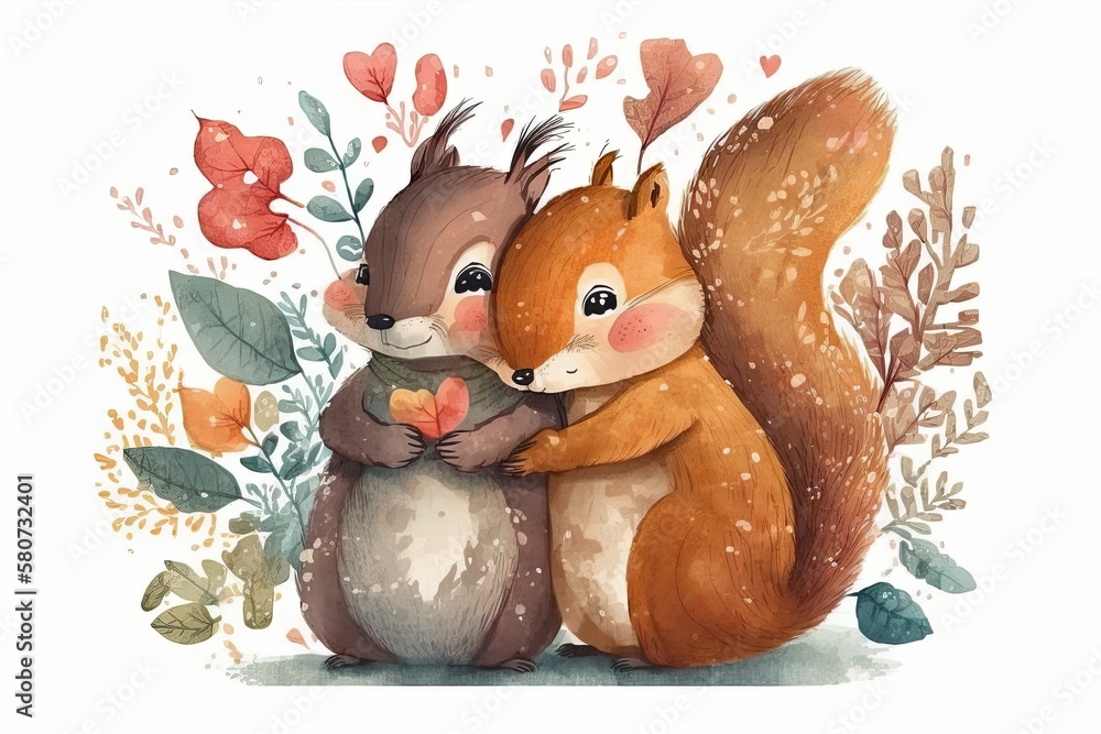 Sticker Cute squirrels couple hugs, watercolor clipart, love illustration with cartoon characters, good for card and print design. Generative AI