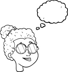 thought bubble cartoon woman wearing spectacles