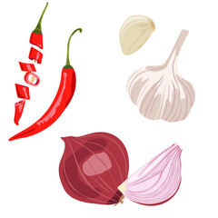 Vector image of a whole and sliced chili, garlic and onion. Spicy vegetables. Natural products. Food icons.