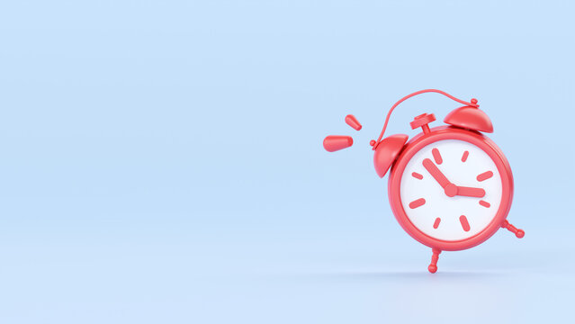 Clock 3d render icon - simple red alarm timer concept, retro style alarmclock with arrows