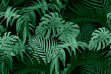 Dark green tropical pattern with palm leaves. Summer vector background or textile illustration.