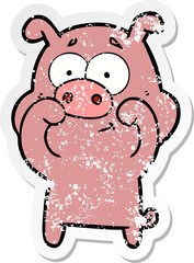 distressed sticker of a happy cartoon pig