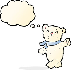 cartoon waving teddy polar bear with thought bubble