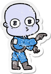 distressed sticker of a cartoon weird bald spaceman pointing