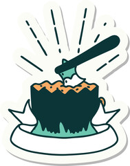 sticker of tattoo style axe in tree stump