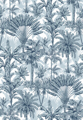Vintage seamless pattern with tropical palms. Trees in linear style. Vector botanical illustration. Foliage design for wallpaper, textile and wrapping paper. © Anna Sm