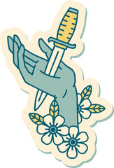 tattoo style sticker of a dagger in the hand