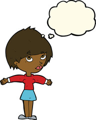 cartoon woman with open arms with thought bubble
