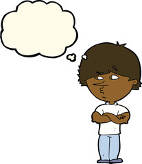 cartoon suspicious man with thought bubble