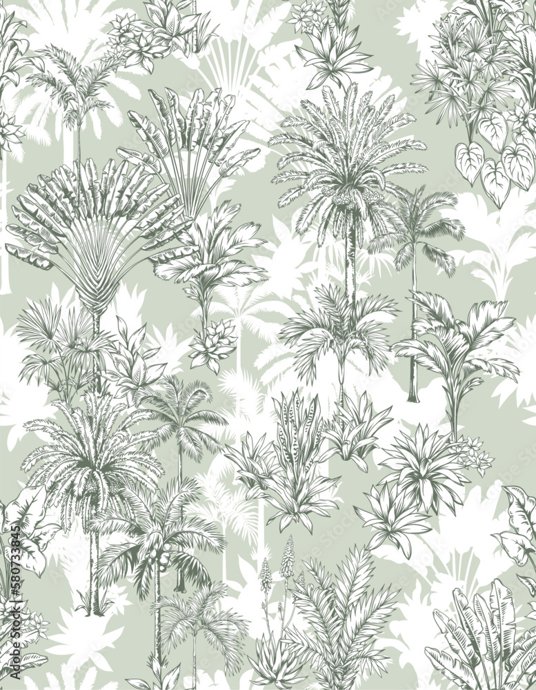 Wall mural vintage seamless pattern with tropical palms. trees in linear style. vector botanical illustration. 