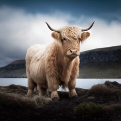 Portrait of highland cow standing in grass in mountains, created using generative ai technology