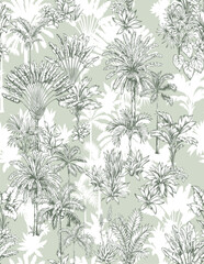 Vintage seamless pattern with tropical palms. Trees in linear style. Vector botanical illustration. Foliage design for wallpaper, textile and wrapping paper.