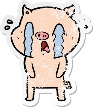 distressed sticker of a crying pig cartoon
