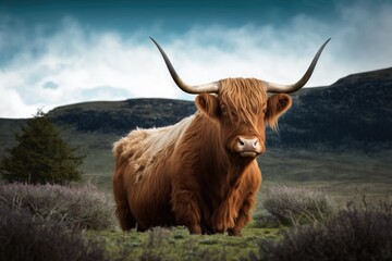 Portrait of highland cow standing in grass in mountains, created using generative ai technology