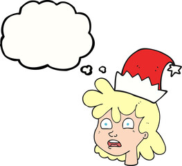 thought bubble cartoon woman wearing christmas hat