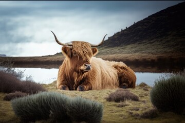 Portrait of highland cow lying in grass in mountains, created using generative ai technology - obrazy, fototapety, plakaty
