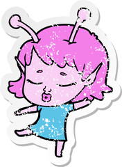 distressed sticker of a cute alien girl cartoon