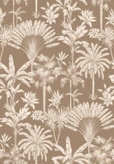 Vintage seamless pattern with tropical palms. Trees in linear style. Vector botanical illustration. Foliage design for wallpaper, textile and wrapping paper.