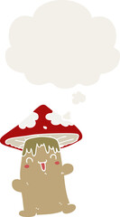 cartoon mushroom character and thought bubble in retro style