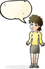 cartoon woman shrugging shoulders with speech bubble