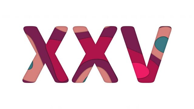 Multi-colored inscription Roman numerals XXV with colored spots floating inside. Looped from frame 120 to 839, Alpha BW at the end