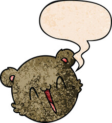 cute cartoon teddy bear face and speech bubble in retro texture style