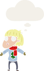 cartoon surprised christmas person and thought bubble in retro style