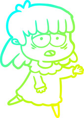 cold gradient line drawing cartoon tired woman