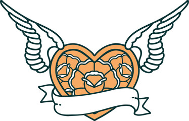 tattoo style icon of a flying heart with flowers and banner