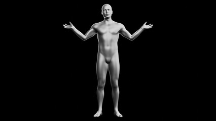 Beautiful young man posing, isolated on black background. 3d illustration (rendering). Silver mannequin, android