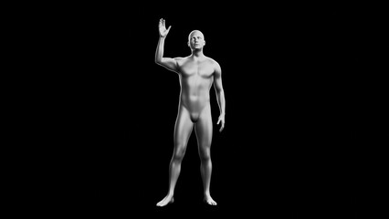 Beautiful young man posing, isolated on black background. 3d illustration (rendering). Silver mannequin, android