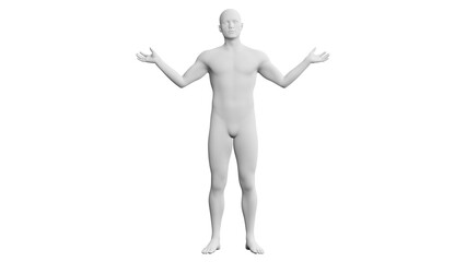 Beautiful young man posing, isolated on white background. 3d illustration (rendering). Artificial intelligence, android, mannequin