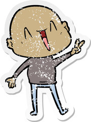distressed sticker of a happy cartoon bald man