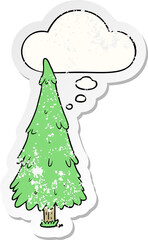 cartoon christmas tree and thought bubble as a distressed worn sticker