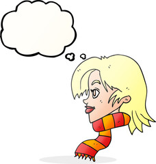 thought bubble cartoon woman wearing scarf