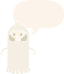 cartoon spooky skull ghost and speech bubble in retro style